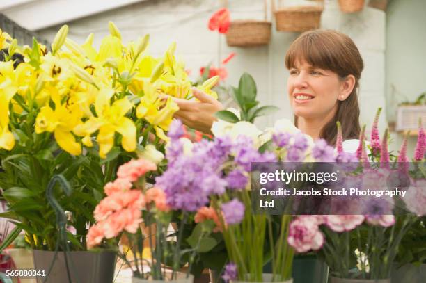 caucasian florist working in flower shop - spalding place stock-fotos und bilder