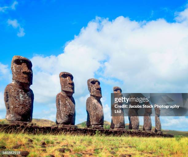 low angle view of stone statues, ahu akivi, easter island, chili - moai statue stock pictures, royalty-free photos & images