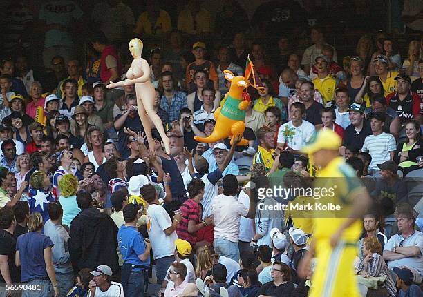The crowd throw an inflatable doll and kangaroo around during Game 1 of the VB Series between Australia and Sri Lanka played at the Telstra Dome on...