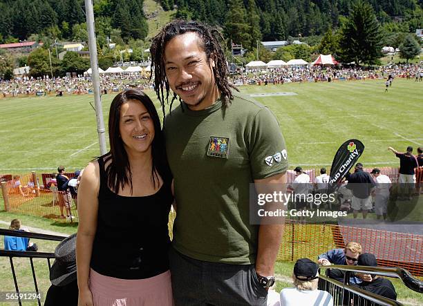 Tana Umaga, who retired from international rugby this week, poses with wife Rochelle as they attend the National Rugby Sevens game played at the...