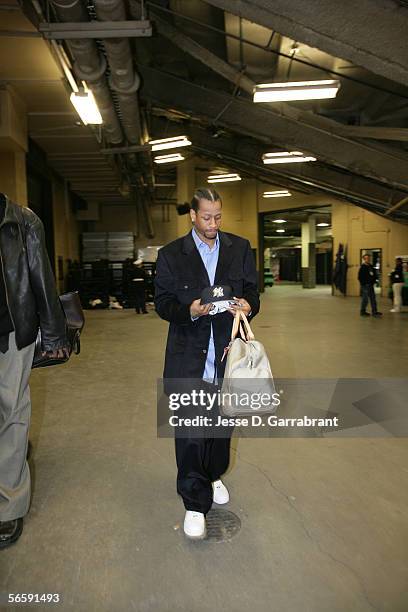 Allen Iverson of the New Jersey Nets arrives the play against the Philadelphia 76ers at the Continental Airlines Arena on December 10, 2005 in East...