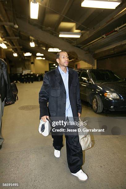 Allen Iverson of the New Jersey Nets arrives the play against the Philadelphia 76ers at the Continental Airlines Arena on December 10, 2005 in East...