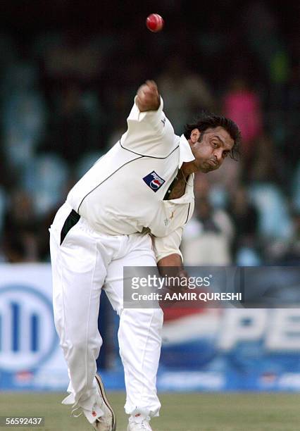 Pakistan pacer Shoaib Akhtar delivers the ball during the second day of the first cricket Test match between Pakistan and India at The Gaddafi...