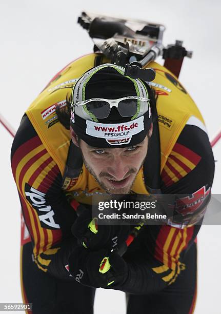 Alexander Wolf of Germany speeds down the track during the men's 10 km sprint of the Biathlon World Cup on January 14, 2006 in Ruhpolding, Germany.