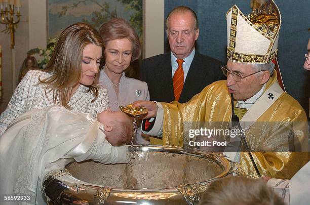 Spanish Royals Princess Letizia, Princess Leonor, Queen Sofia and King Juan Carlos attend the Christening of the daughter of Prince Felipe and...