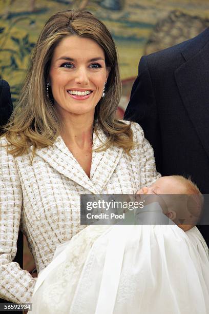 Princess Letizia and Princess Leonor during the Christening of the daughter of Prince Felipe and Princess Letizia of Spain, Princess Leonor, at the...