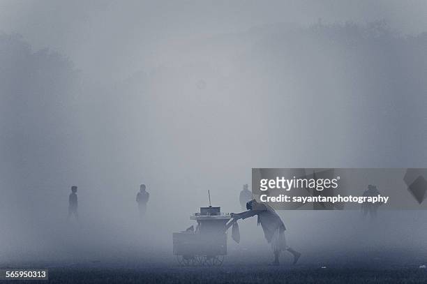 the cart in the fog - luftverschmutzung stock-fotos und bilder