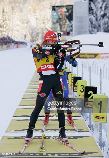 Kati Wilhelm of Germany shoots during the women's 10 km pursuit of the Biathlon World Cup on January 15, 2006 in Ruhpolding, Germany.