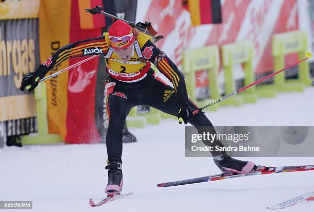 Kati Wilhelm of Germany fighst for the finish during the women's 10 km pursuit of the Biathlon World Cup on January 15, 2006 in Ruhpolding, Germany.