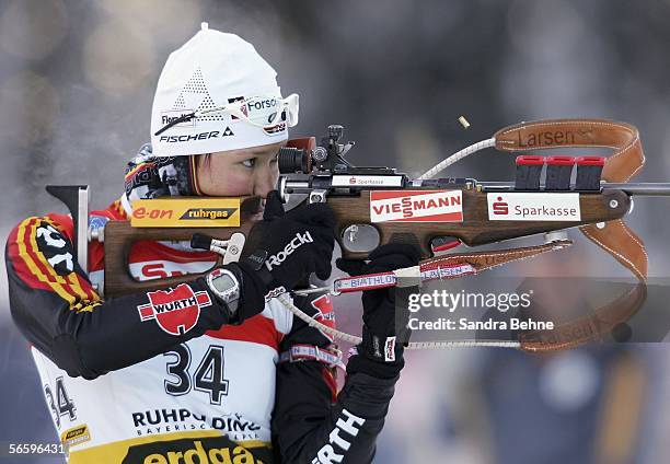 Simone Denkinger of Germany shoots during the women's 10 km pursuit of the Biathlon World Cup on January 15, 2006 in Ruhpolding, Germany.