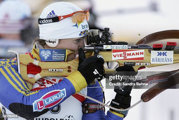 Anna Carin Olofsson of Sweden shoots during the women's 10 km pursuit of the Biathlon World Cup on January 15, 2006 in Ruhpolding, Germany.