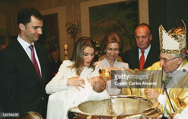 Spanish Royals Princess Letizia, Princess Leonor, Queen Sofia and King Juan Carlos attend the Christening of the daughter of Prince Felipe and...