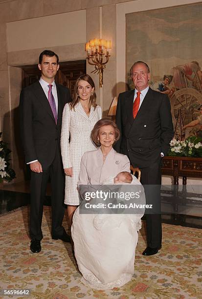 Spain Crown Prince Felipe of Borbon, his wife Princess Letizia, Spain?s King Juan Carlos and Queen Sofia with Princess Leonor during the Christening...