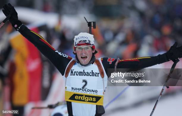 Michael Roesch of Germany celebrates winning the men's 12,5 km pursuit of the Biathlon World Cup on January 15, 2006 in Ruhpolding, Germany.