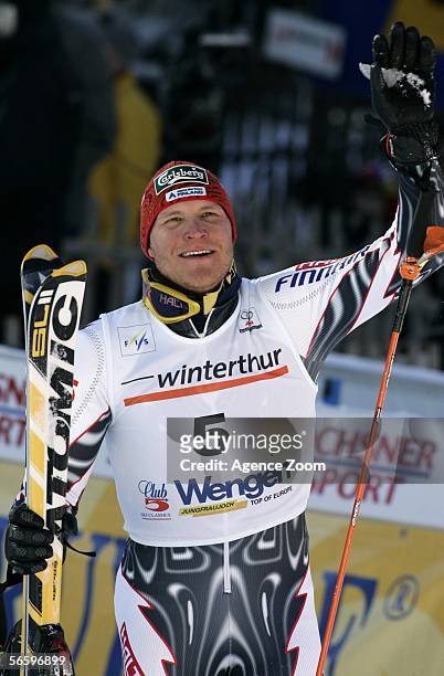 Kalle Palander of Finland celebrates his second place finish during the Men's Slalom event of the Wengen FIS World Cup on January 15, 2006 in Wengen,...