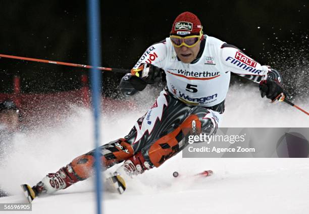 Kalle Palander of Finland in action during the Men's Slalom event of the Wengen FIS World Cup on January 15, 2006 in Wengen, Switzerland.