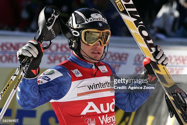 Giorgio Rocca of Italy celebrates his first place finish during the Men's Slalom event of the Wengen FIS World Cup on January 15, 2006 in Wengen,...