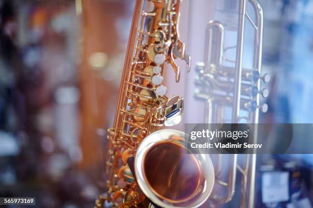 close up of saxophone and trombone - trombone stock pictures, royalty-free photos & images