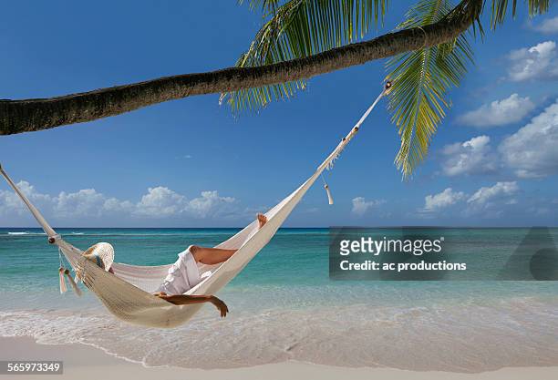 caucasian woman laying in hammock under palm tree on tropical beach - maladives stock-fotos und bilder