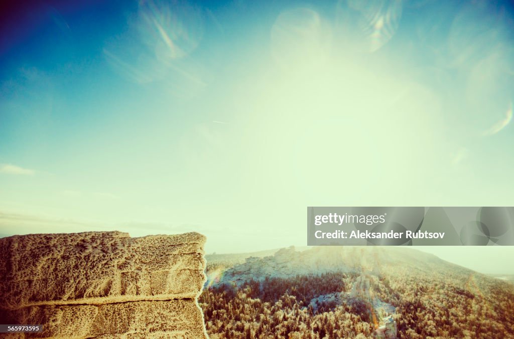 Mountaintops in remote landscape under sunny sky