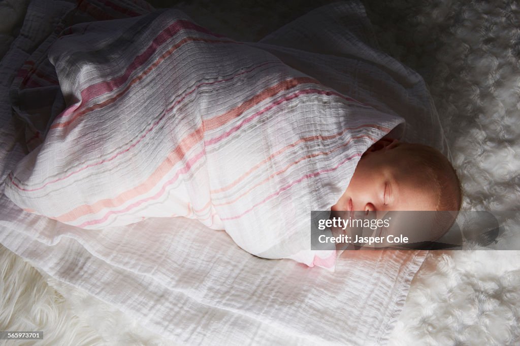 Newborn baby swaddled in blanket