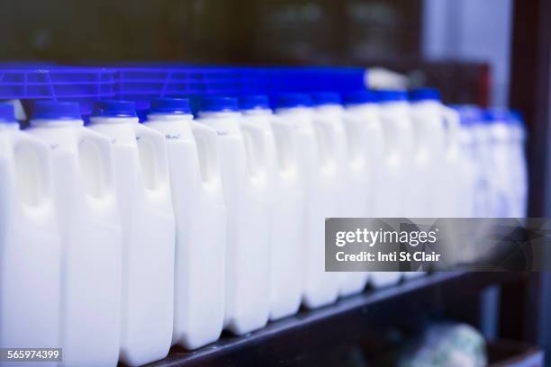 close up of fresh cartons of milk - jarra de leche fotografías e imágenes de stock