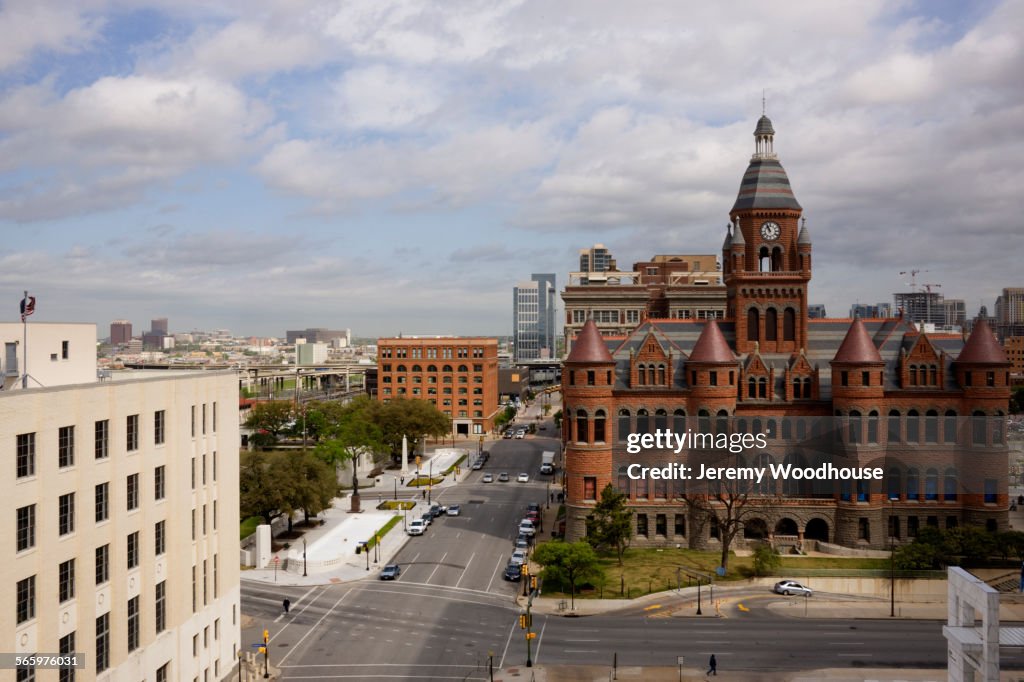 Aerial view of Red Courthouse in Dallas city center, Texas, United States