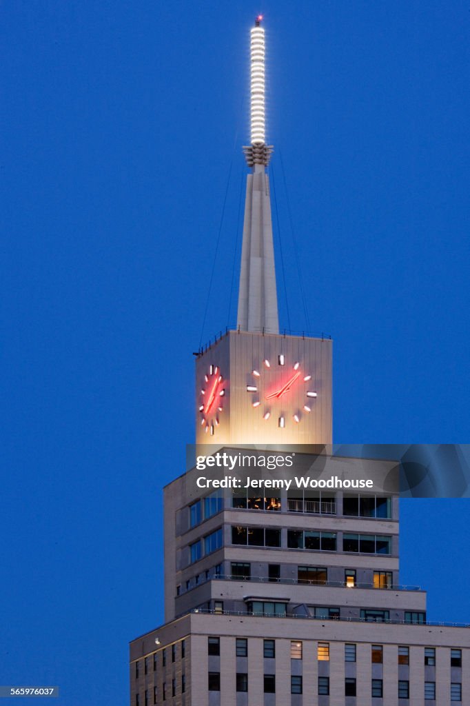 Clock on Mercantile National Bank Building tower, Dallas, Texas, United States