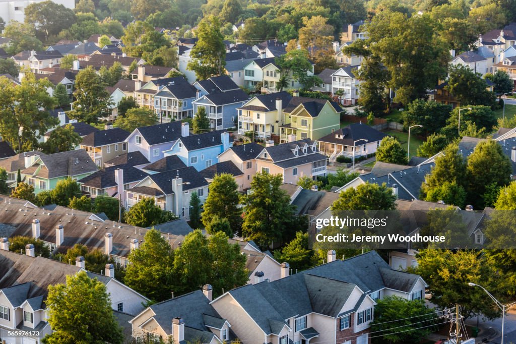 Aerial view of house roofs in suburban neighborhood