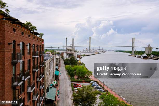 high angle view of savannah city waterfront, georgia, united states - savannah imagens e fotografias de stock