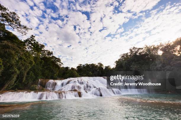 low angle view of waterfall pouring over rocks in river - agua azul stock-fotos und bilder