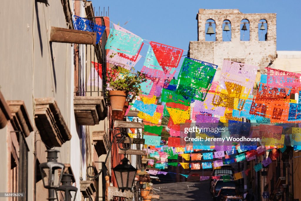 Colorful flags on San Miguel de Allende street, Guanajuato, Mexico