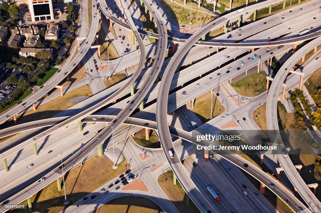 Aerial view of traffic on highway interchange roads