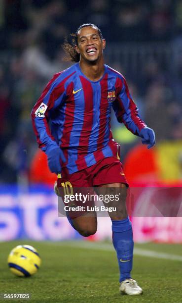 Ronaldinho of Barcelona celebrates his goal during the La Liga match between FC Barcelona and Athletico Bilbao at the Nou Camp stadium on January 15,...