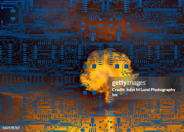 stockillustraties, clipart, cartoons en iconen met nuclear explosion under layer of circuit board, - oorlog