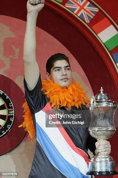 Jelle Klaasen of Netherlands celebrates after beating Raymond Van Barneveld in the final of BDO World Darts Championships on January 15, 2006 at the...