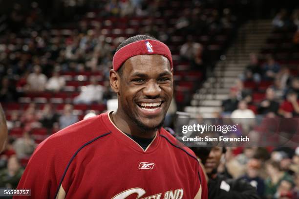 LeBron James of the Cleveland Cavaliers smiles before their game against the Portland Trail Blazers on January 15, 2006 at the Rose Garden Arena in...