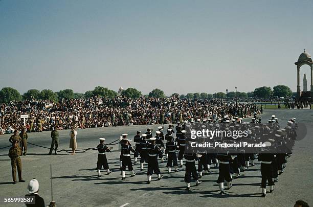 Military parade past the Canopy on the Rajpath in Delhi, India, possibly the Delhi Republic Day parade, circa 1965.