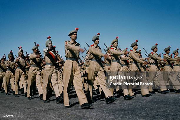 Military parade along the Rajpath in Delhi, India, possibly the Delhi Republic Day parade, circa 1965.