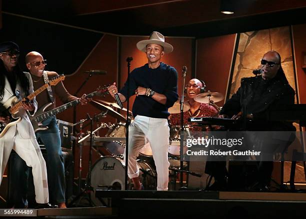 Pharrell Williams, Daft Punk, and Stevie Wonder perform at the 56th Annual GRAMMY Awards at STAPLES Center in Los Angeles, CA. Sunday, January 26,...