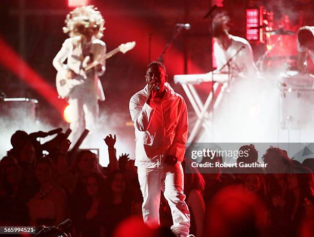 Imagine Dragons and Kendrick Lamar perform at the 56th Annual GRAMMY Awards at STAPLES Center in Los Angeles, CA. Sunday, January 26, 2014.