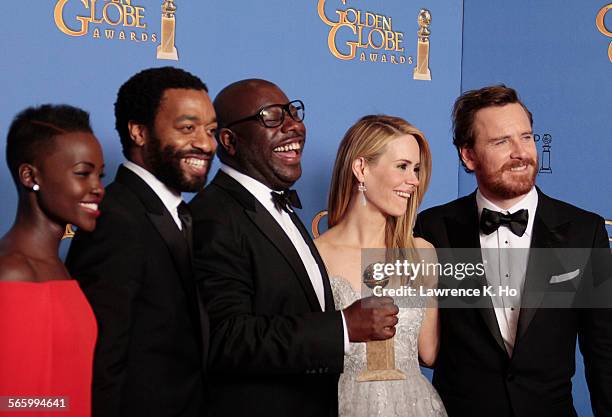 January 12, 2014 Director Steve McQueen and cast in the deadline room winning for Best Motion Picture - Drama "12 Years a Slave" at the 71st Annual...