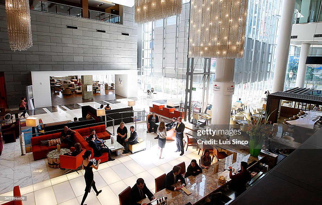 Atrium, restaurant and lobby bar of the JW Marriott/Ritz-Carlton Hotel in Los Angeles.