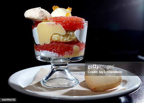 The restaurant Cook's County, on Beverly Boulevard: Ruby red grapefruit and meyer lemon fool with coconut cake, meringue and shortbread hearts.