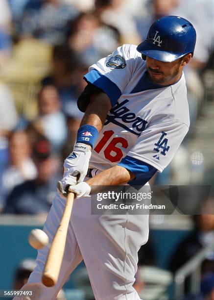 Andre Ethier hits a solo home run to give the Dodgers a 2-1 lead in the 8th inning in Dodgers-Pirates action at Dodger Stadium on April 10, 2012. His...