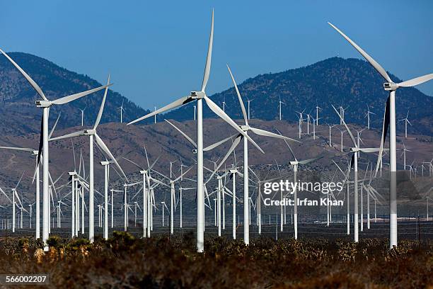 View from Highway 14 of wind turbines installed in Mojave and Tehachapi Mountains.