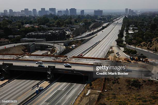The view looking south from the 17th floor of the Angeleno Hotel at Sunset Blvd shows a deserted stretch of the 405 freeway along part of the 10-mile...