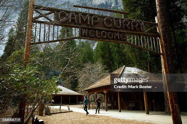 The historic wood sign at Camp Curry still greets visitors arriving at the famous lodging site in Yosemite March 26, 2013. Construction and...