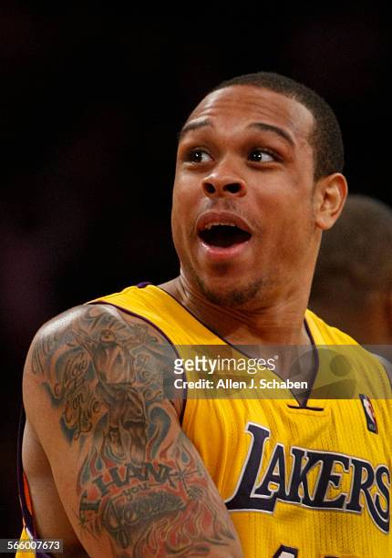 Lakers guard Shannon Brown shows his joy after scoring against the Atlanta Hawks in the third period at the Staples Center.