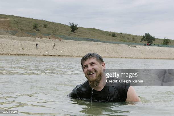 Chechen First Deputy Prime Minister Ramzan Kadyrov demonstrates his driving skills on his jet ski on a lake near the village of Centoroy, Chechnya, 3...
